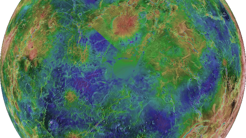 Global view of Venus showing its cloud-covered surface rendered from radar mapping data.